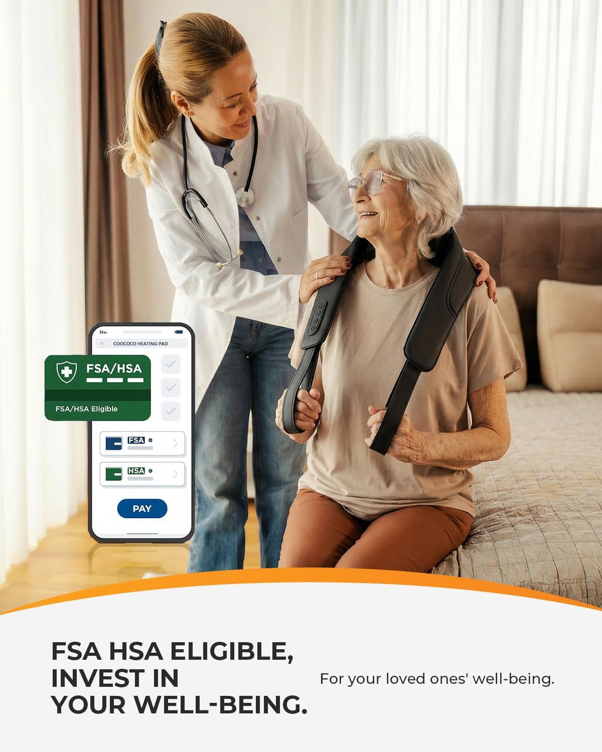 CooCoCo FSA Eligible Cordless Neck Massager, Back and Shoulder Massager for Pain Relief Deep Tissue, HSA FSA Approved Shiatsu Back Massager, Mothers Day Gifts & Birthday Gifts for Mom Dad Women Men