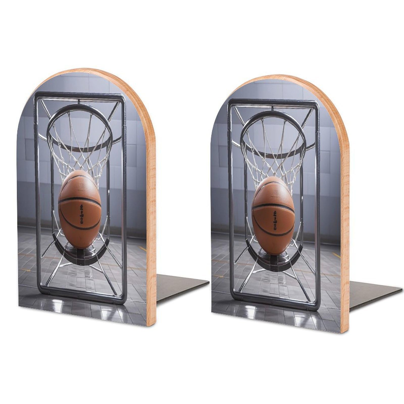 Basketball Book Ends Wood Non-Skid Bookend for Shelves Heavy Duty Bookends with Metal Base Decorative Books Stopper Desk Organizers Book Dividers for Office Home 1 Pair