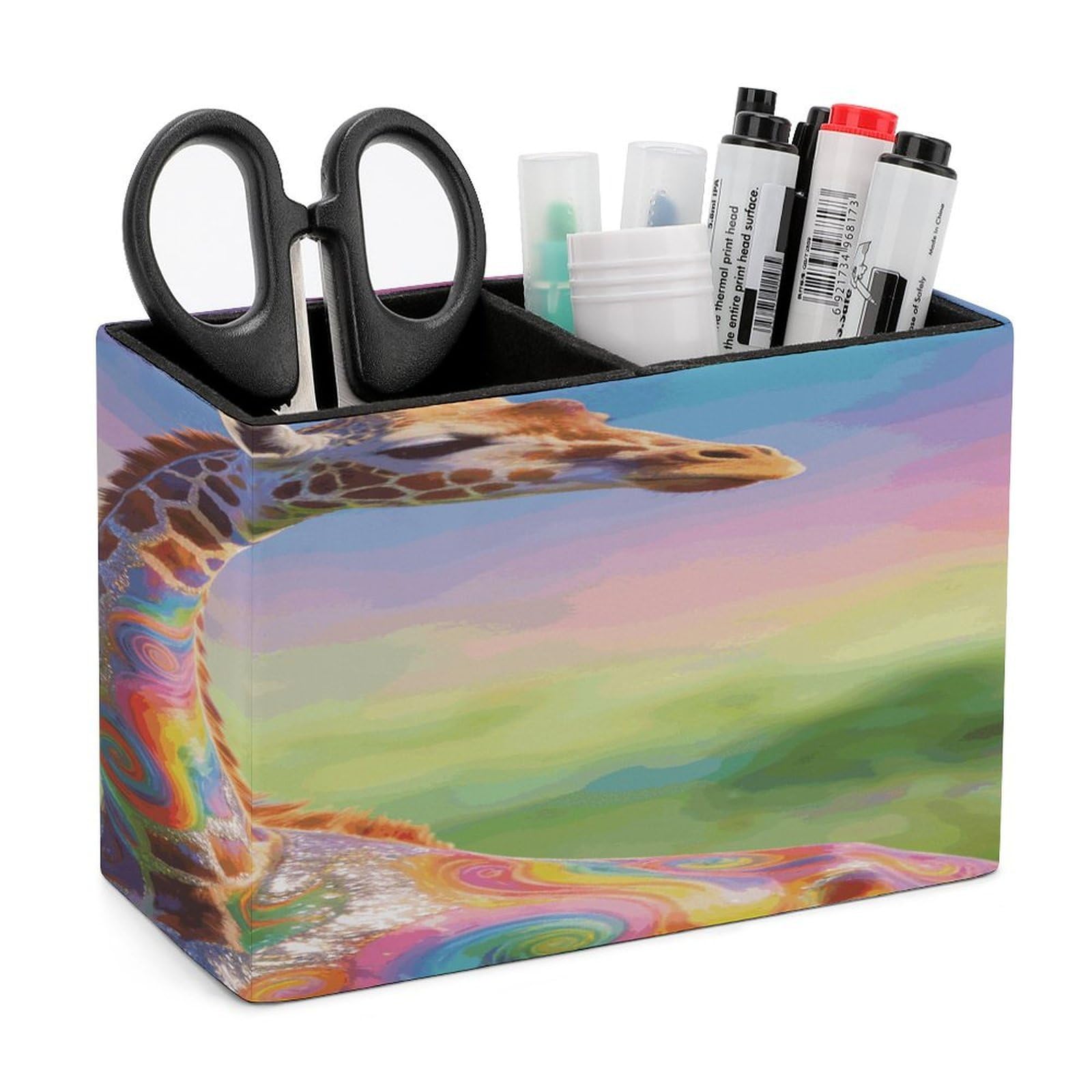 LZQPOEAS Colorful Artistic Giraffe Pen Holder Double Compartments Pen Cup Makeup Brush Holders Leather Pencil Holder Locker Organizer for Work Locker Accessories Modern Pencil Cup for Desk