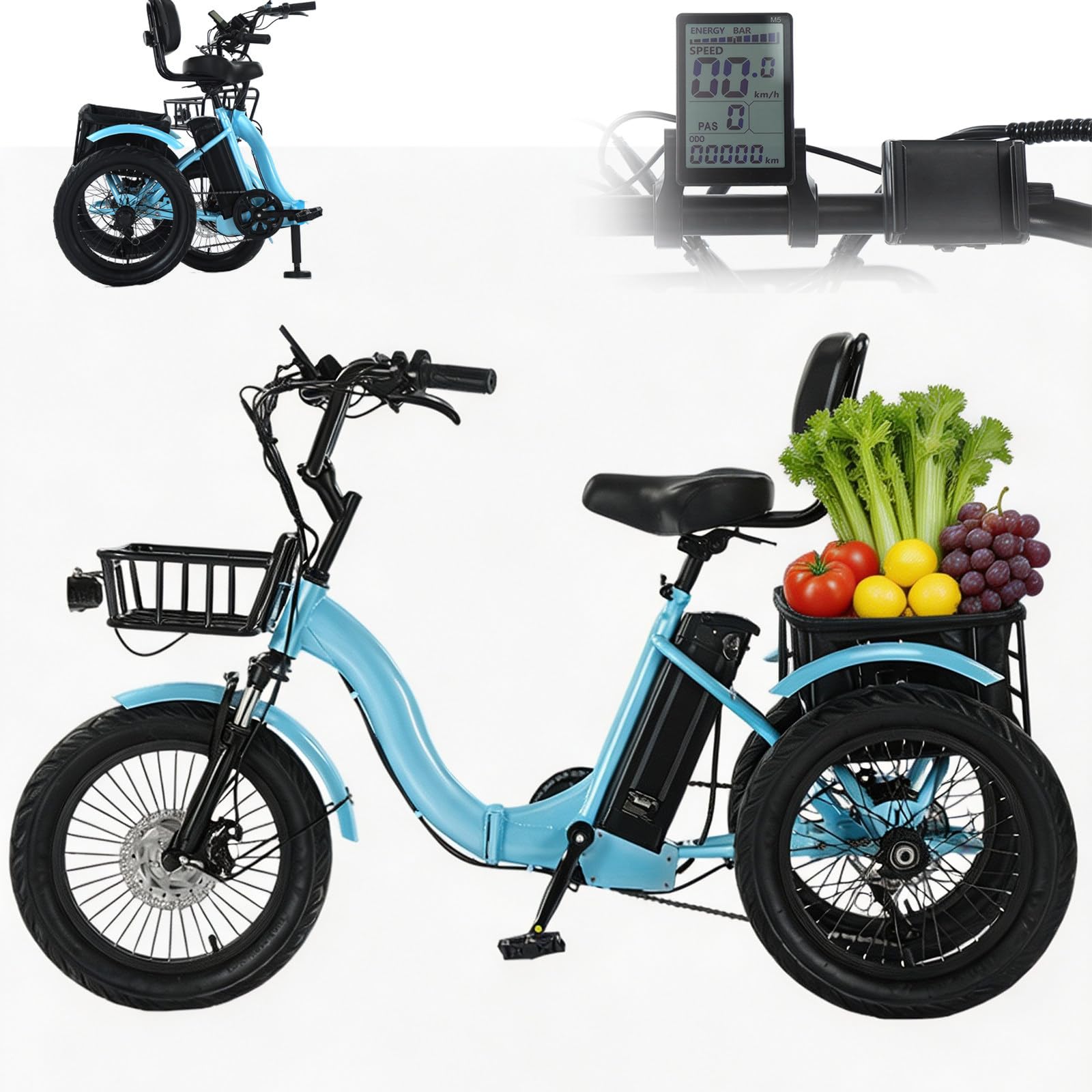 BuilfutenM 3 Wheel Electric Fat Tyre Tricycle for Adults Tricycle Bike Pedal Bike Fat Tyre with Basket Easy Climbing Load Capacitay Fat Tire for Adults,Comfortable Rides 18Inch-Blue