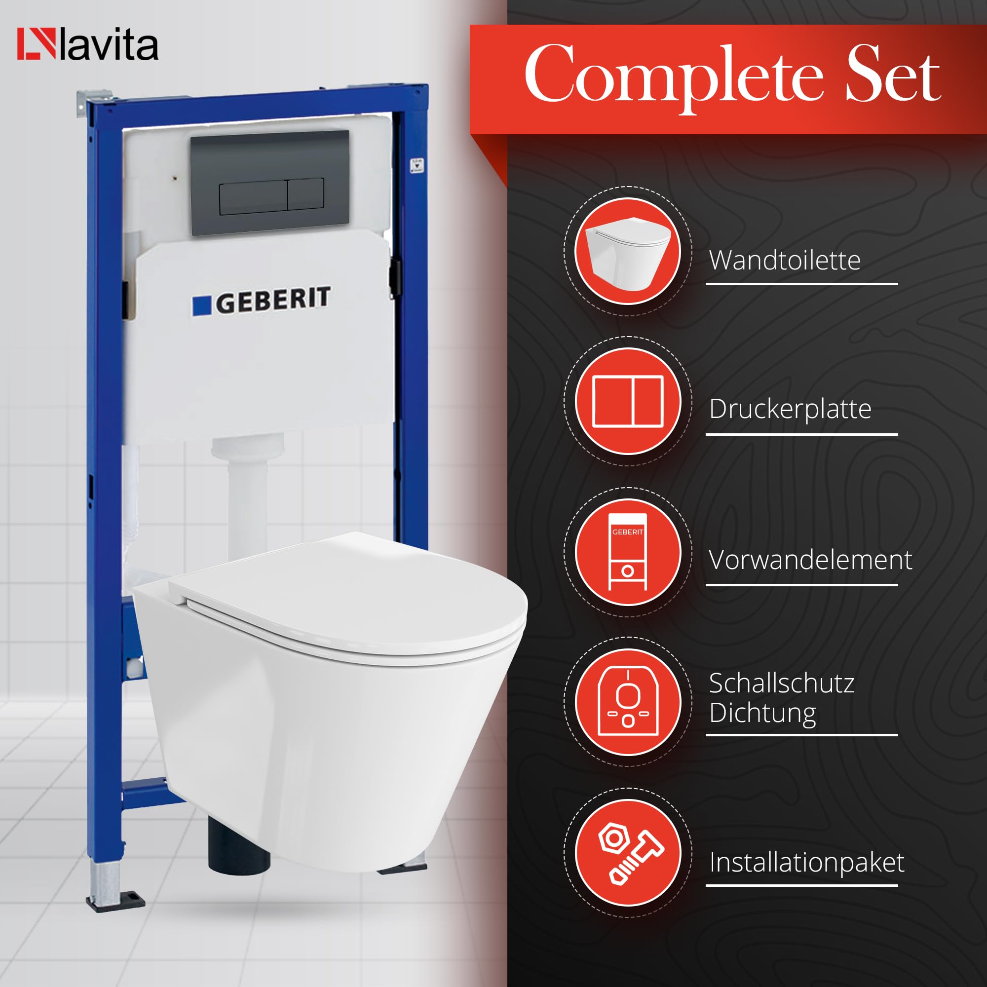 Lavita Duofix Basic Vorwandelement + Wand Tiefspül WC Galve Weiß Spülrandlos + WC Sitz + Bedienplatte Delta 25 Schwarzer Knopf Komplettset Unterputz Spülkasten Toilette Komplett Sett WC