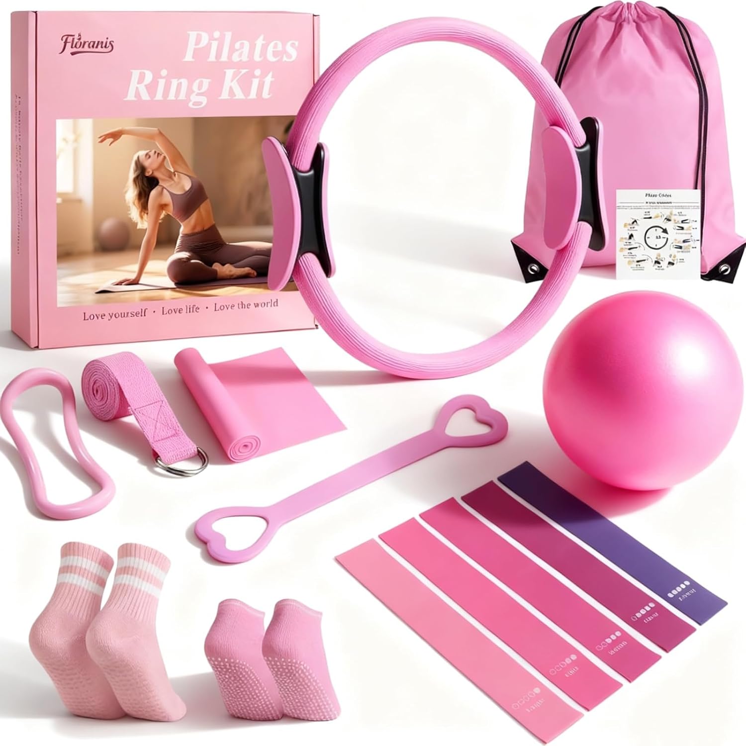 Home Pilates Essentials Kit for Women Pink Ring and Ball Pilates Set Equipment, Magic Circle with 5 Resistance Bands Premium Accessories Kits for Starter Toning Workouts at Home