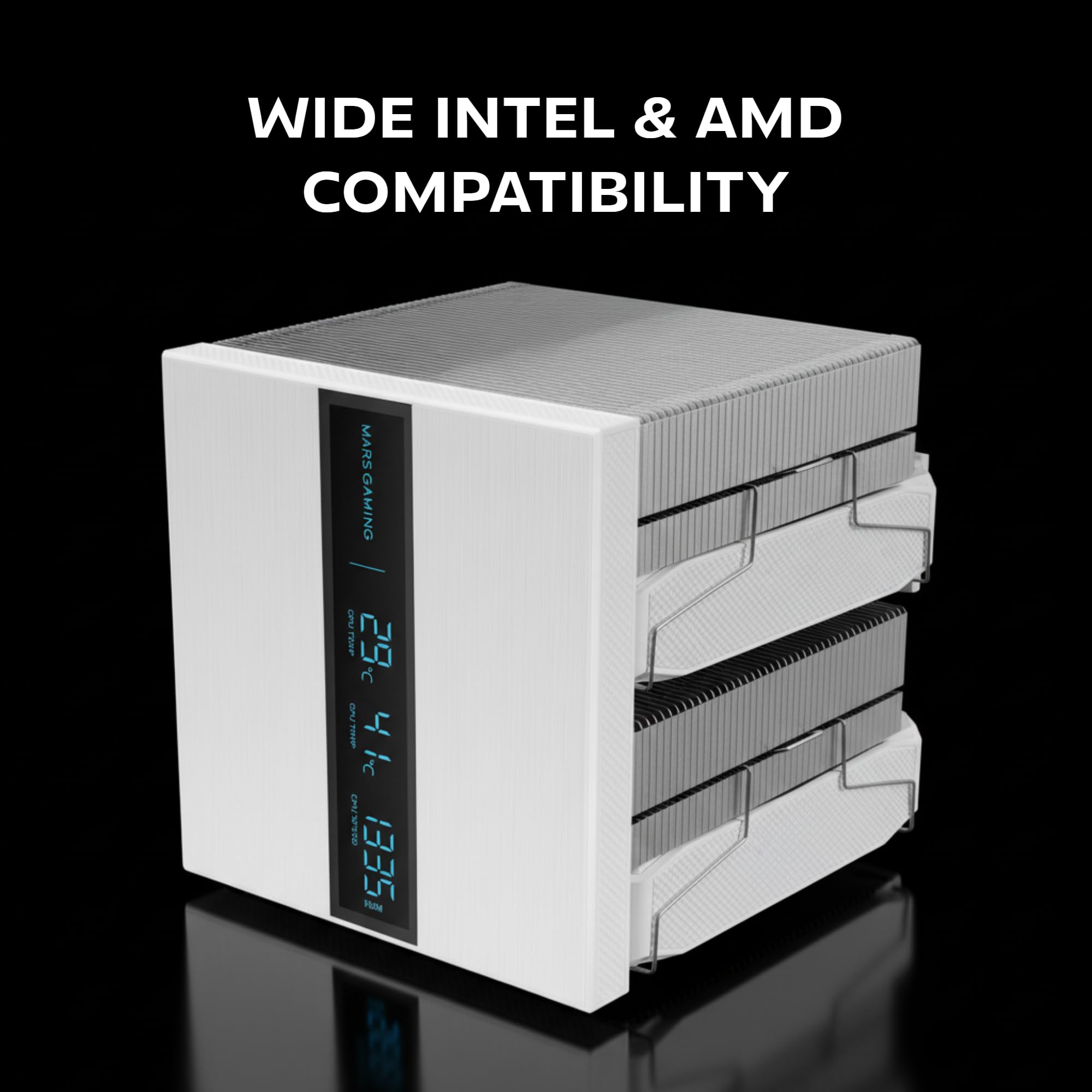 Mars Gaming MCPU-LCDPRO, Podwójny wieżowy radiator CPU 380W TDP, 8x Heatpipes HCT, 2x Wentylatory 120mm PWM FDB, Duży ekran LCD, Oświetlenie ARGB Infinity Mirror, Kompatybilność z Intel i AMD, Biały