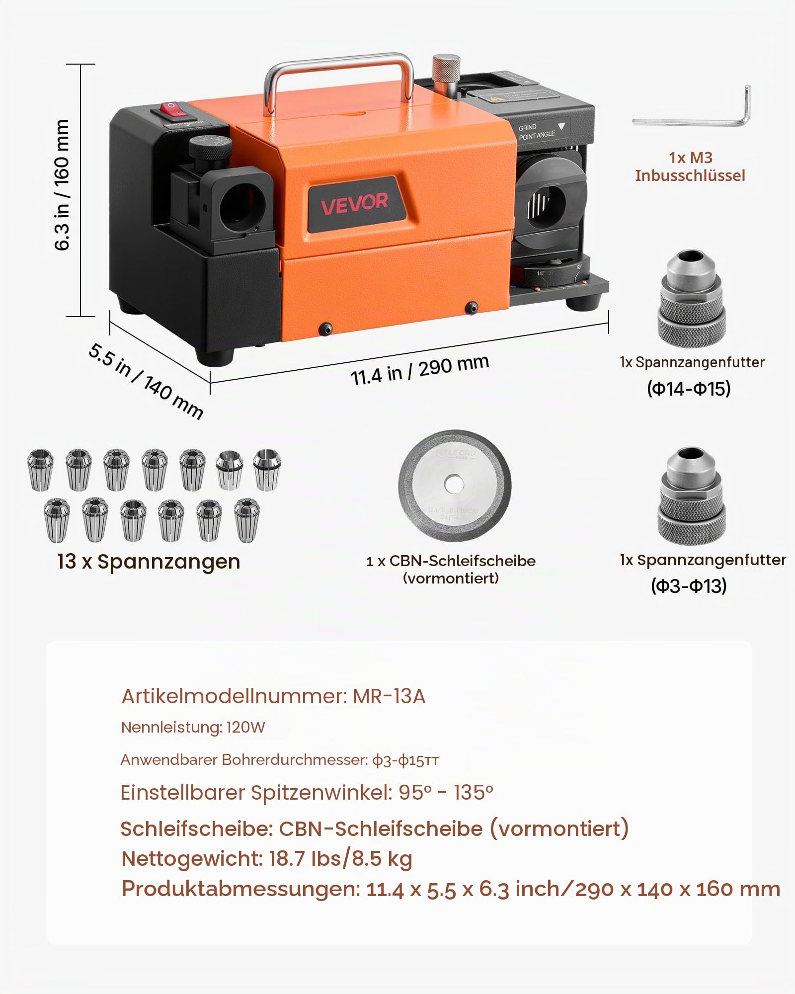 VEVOR Bohrerschleifgerät MR-13A, 3-15 mm, mit 95°-135° einstellbarem Spitzenwinkel, 4600 U/min Hochgeschwindigkeits-Nachschärfmaschine mit 13 Spannzangen & CBN-Schleifscheibe für Werkstätten & Garagen