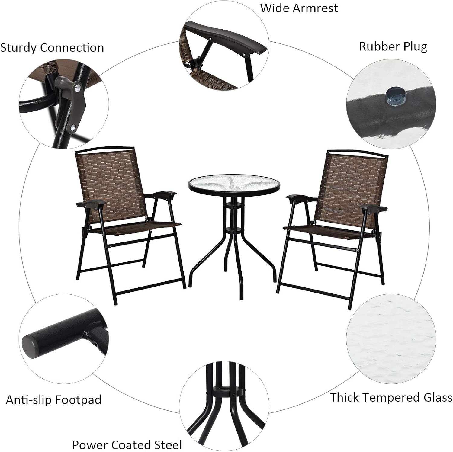 KOTEK Patio Bistro Set, 3 Piece Outdoor Furniture Set w/Round Table & 2 Folding Chairs, Tempered Glass Tabletop, Bistro Table and Chairs for Balcony, Porch, Courtyard, Brown