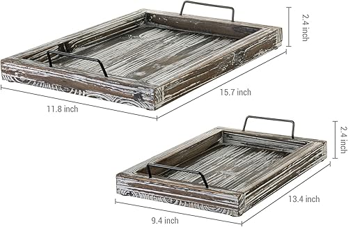 Miniatura 6 de MyGift - Juego de 2 bandejas rectangulares con asas de metal, acabado rústico de madera blanca