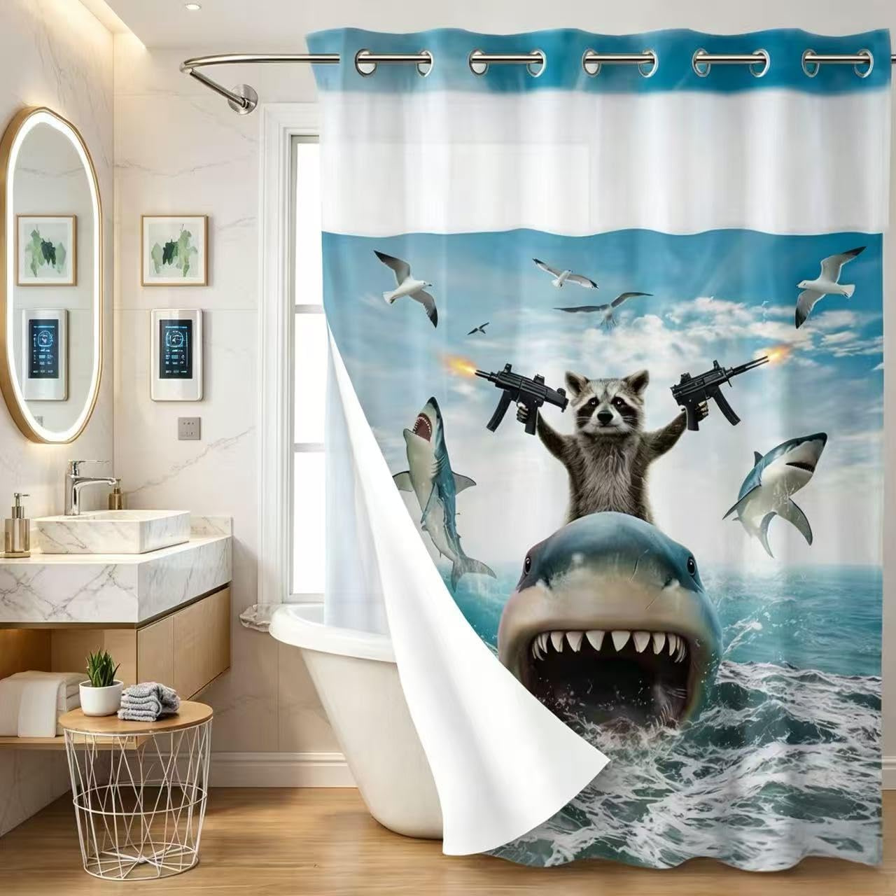No Hook Funny Animal Shower Curtain with Snap in Fabric Liner Set, Cool Raccoon Riding Shark Theme Ocean Shower Curtain for Bathroom, Fun Nautical Kids Children Fabric Bath Curtain 70 x 74Inch
