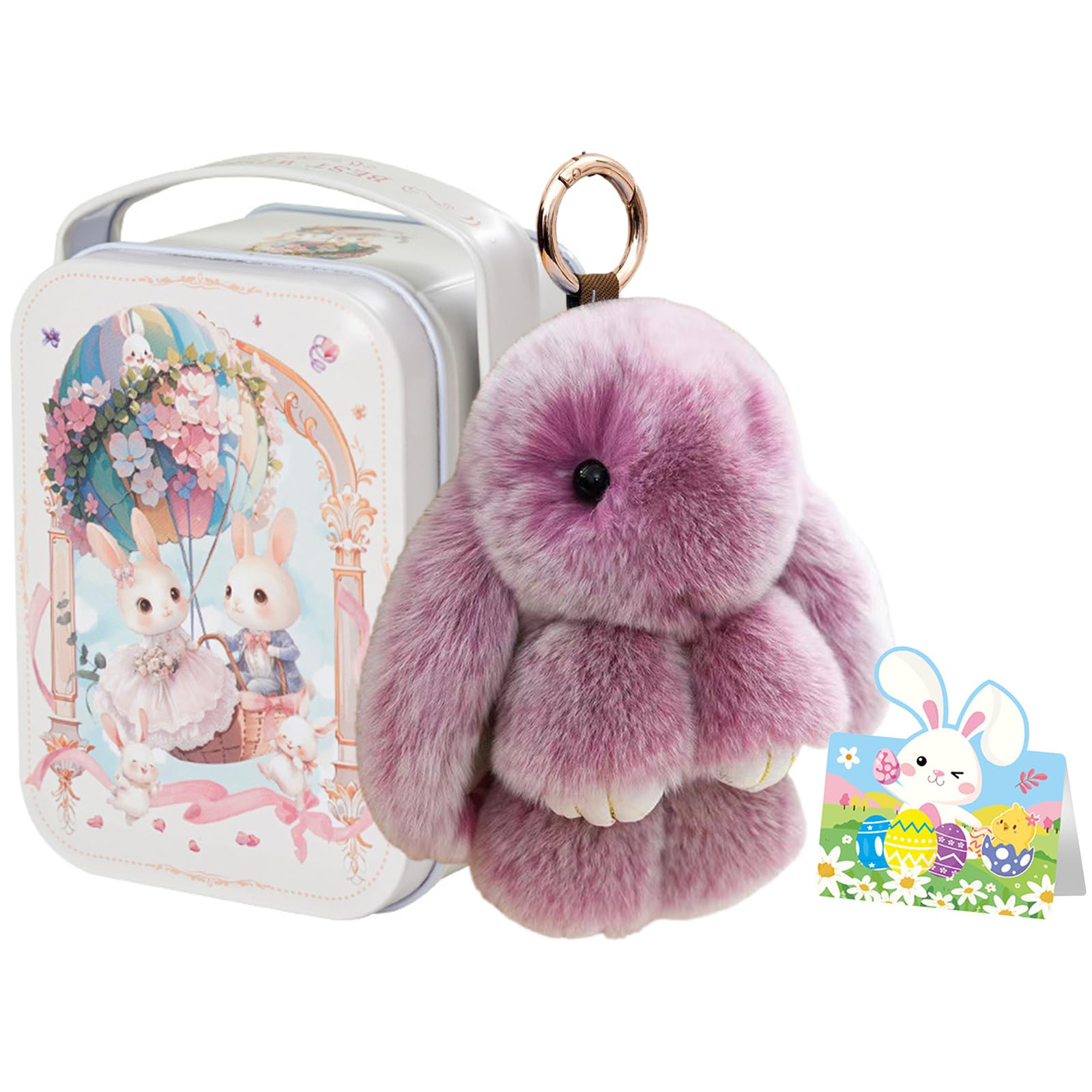 Little Pocket Bunny in A Tin: Charming Keychain Bunny Hugs in A Box, Plush Bunnies Keyring Easter Gifts For Kids Adults, Handmade Rabbit Pocket Box Stuffed Animal Doll For Easter Home Decor
