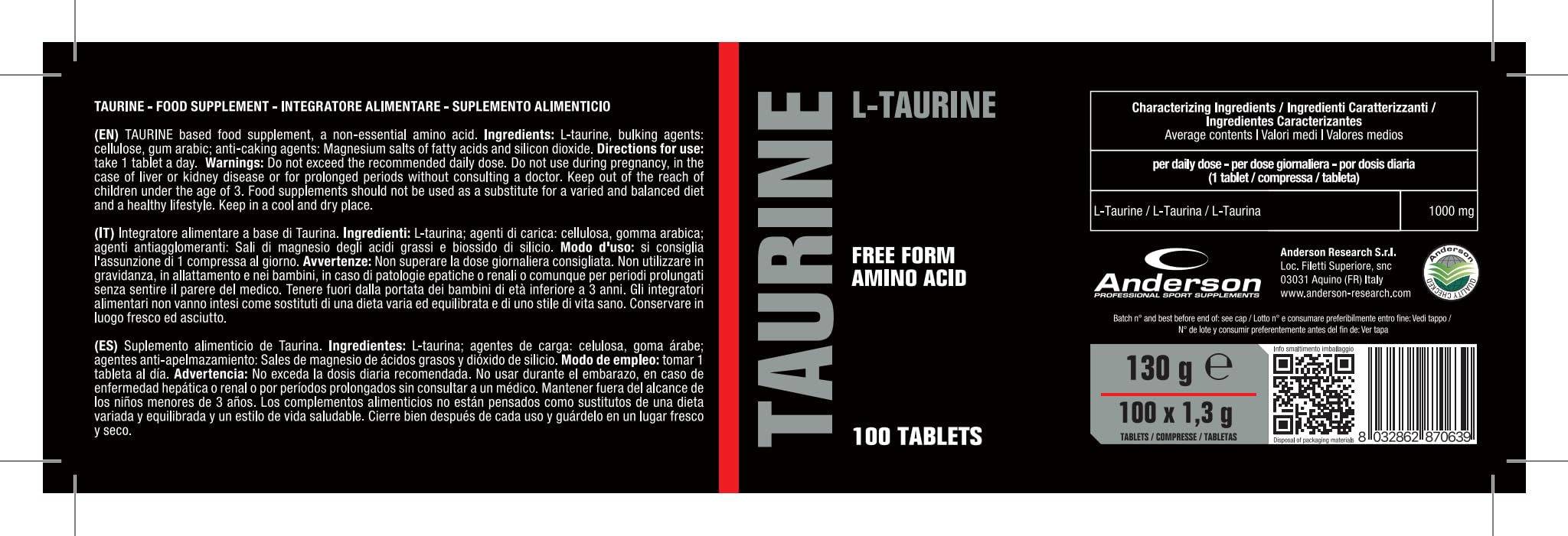 Integratore Anderson Taurine 100 Cpr Taurina 1000 mg per compressa