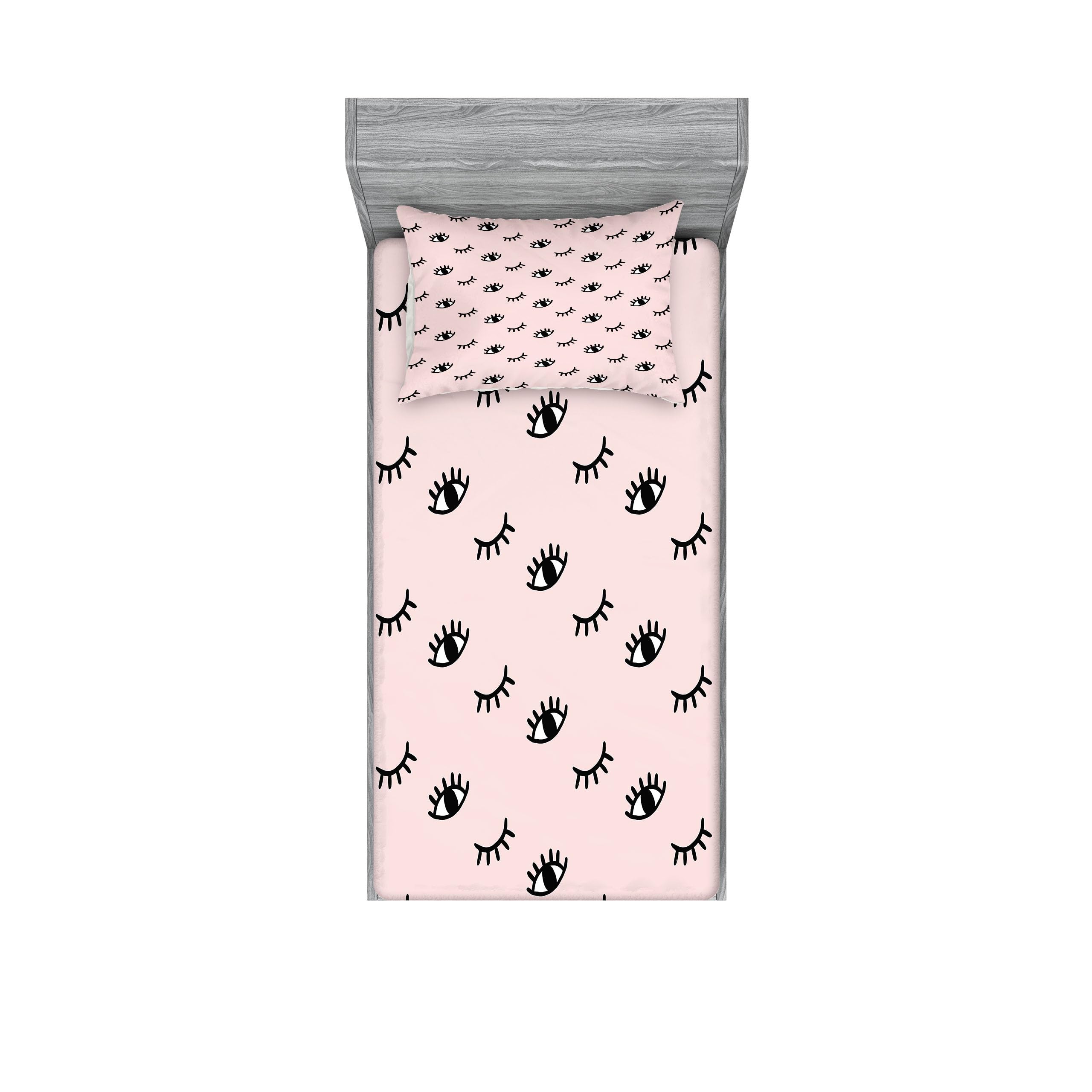 Ambesonne Eyelash Fitted Sheet & Pillow Sham Set, Doodle Style Open and Closed Eyes Hand Drawn Sketch Abstract Kids Design, Decorative Printed 2 Piece Bedding Decor Set, Twinxl, Rose Black