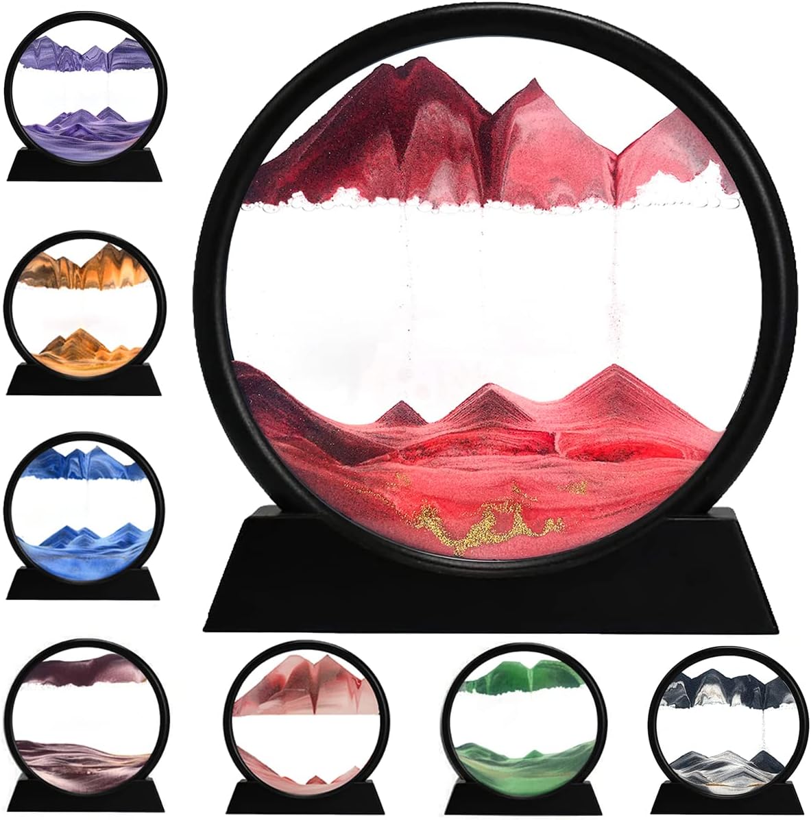 rysnwsu 3D Dynamic Sand Art Liquid Motion, Moving Sand Art Picture Round Glass 3D Deep Sea Sandscape in Motion Display Flowing Sand Frame Relaxing Desktop Home Office Work Decor (Red, 12'')