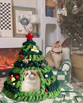 DIY Christmas Tree Cat Bed for Indoor Cats - Felt Triangle Cat House Tent with Fluffy Wool Christmas Decorations for Pet Cats and Kittens - Handmade Christmas Tree Cat Hideaway Cave Gifts for Cat