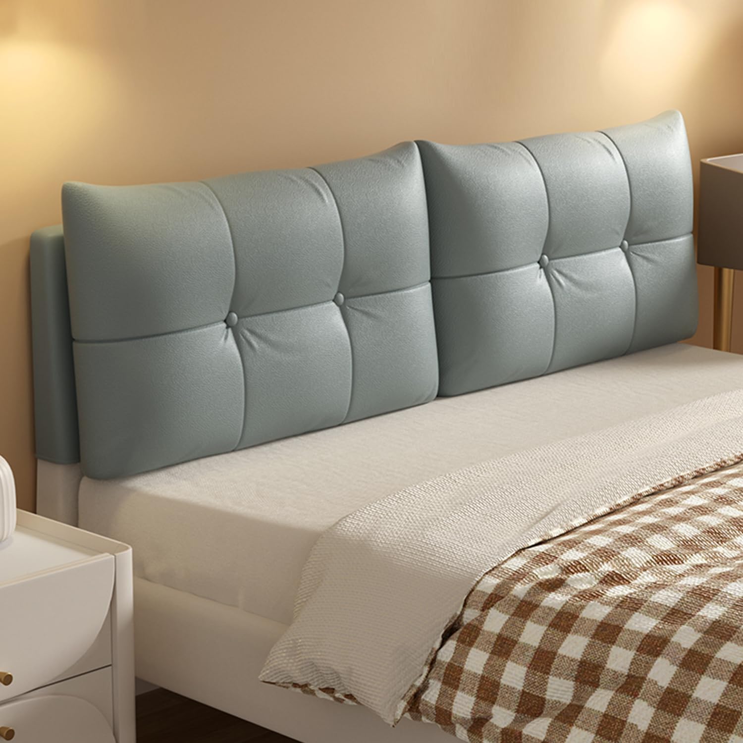 Tête de lit murale avec coussin en similicuir gris – Grand dossier rectangulaire avec boutons fixes – Housse amovible parfaite pour la maison et le dortoir – 200,7 cm – King size