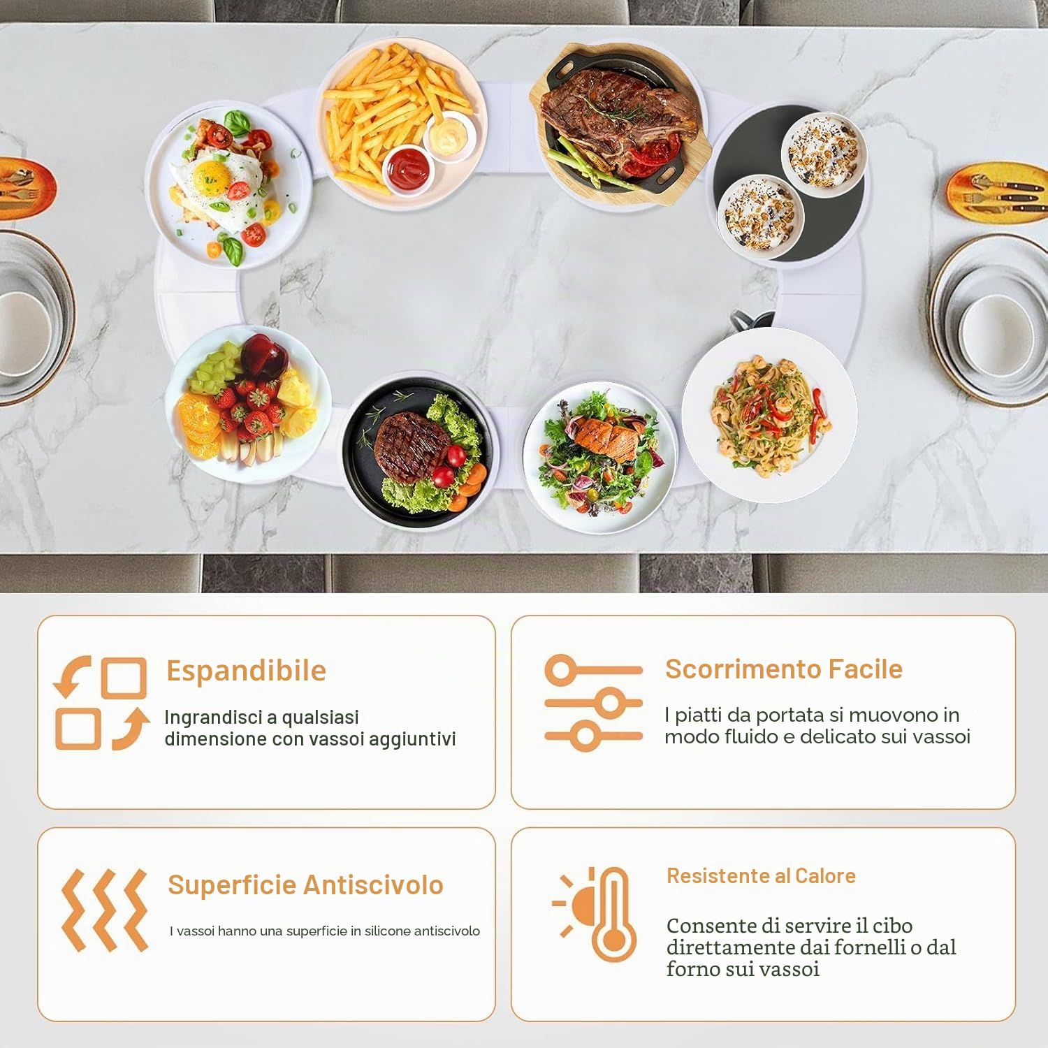 BigKing Vassoio girevole per tavolo da pranzo, vassoio girevole a 360° per 8 vassoi, piatto girevole Lazy Susan per tavoli lunghi, vassoio da buffet girevole, multifunzionale per pasti familiari