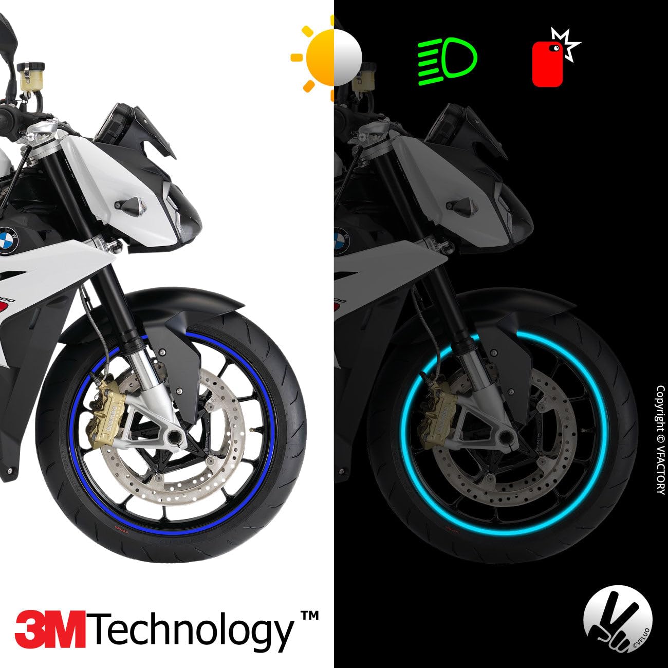 VFLUO - Kit Pegatinas Llantas de Moto Reflectantes, Autoadhesivas para 1 Rueda, 3M Technology™ - Gran Visibilidad Lateral - Discreto y diseño - Fácil colocación — view 2