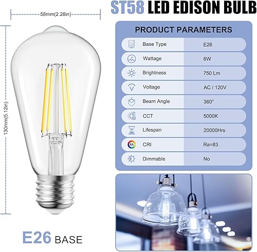 Miniatura 2 de Brightown Paquete de 4 bombillas LED Edison, 6 W, equivalente a 60 W, alto brillo blanco de 5000 K, 750 lúmenes, no regulables, bombillas de