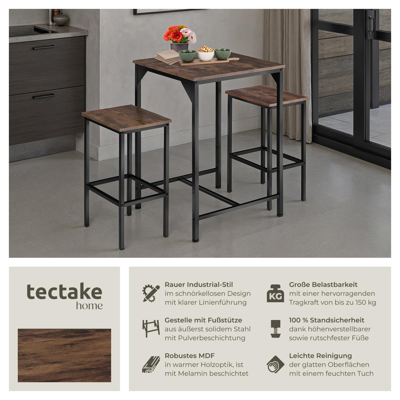 tectake® Bartisch Set 3-teilig, 1x Hochtisch mit 2X Barhocker, Essgruppe Industrial Style, Kaffeebar Möbel, Küchentisch mit Stühlen, Küchenmöbel, Wohnzimmer Möbel (Industrial Dunkelbraun)