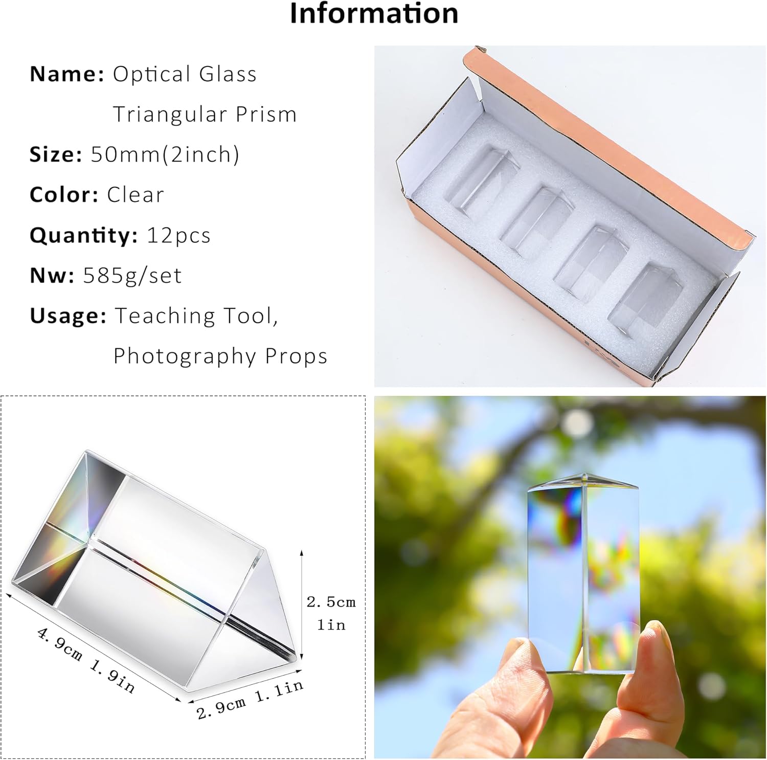 QFkris 12PCS Optical Glass Triangular Prism,50mm/2inch Crystal Equilateral Prisms Set for Teaching Photo Photography