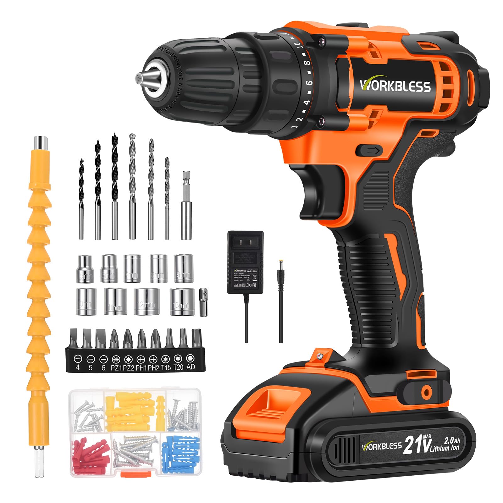 21V Cordless Drill Set with Battery Charger(Orange &amp; 1 Battery)