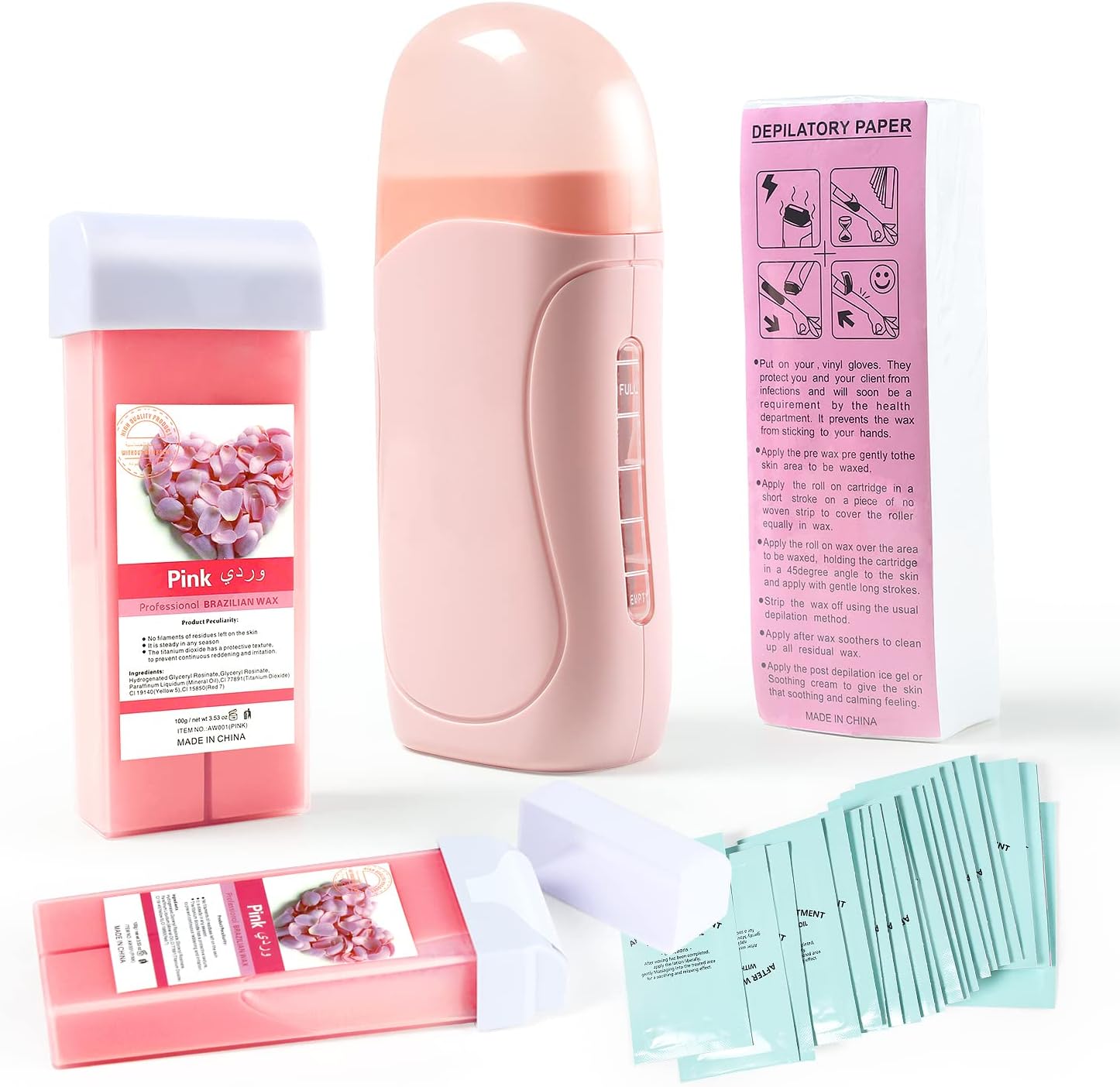 Waxing Kit for Women,Roll On Wax,Roll On Wax Kit with 100 Wax Strips for Hair Removal Wax Kit,Beth lee Rose Wax Roller Kit Wax Warmer for Legs,and Arms,at Home Waxing Kit for Women and Men