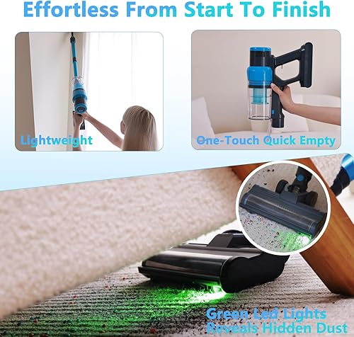 Miniatura 5 de Aspiradora inalámbrica, aspiradora de 45 kPa y 60 minutos para el hogar, potente aspiradora recargable con luz verde, montaje en pared antienredos