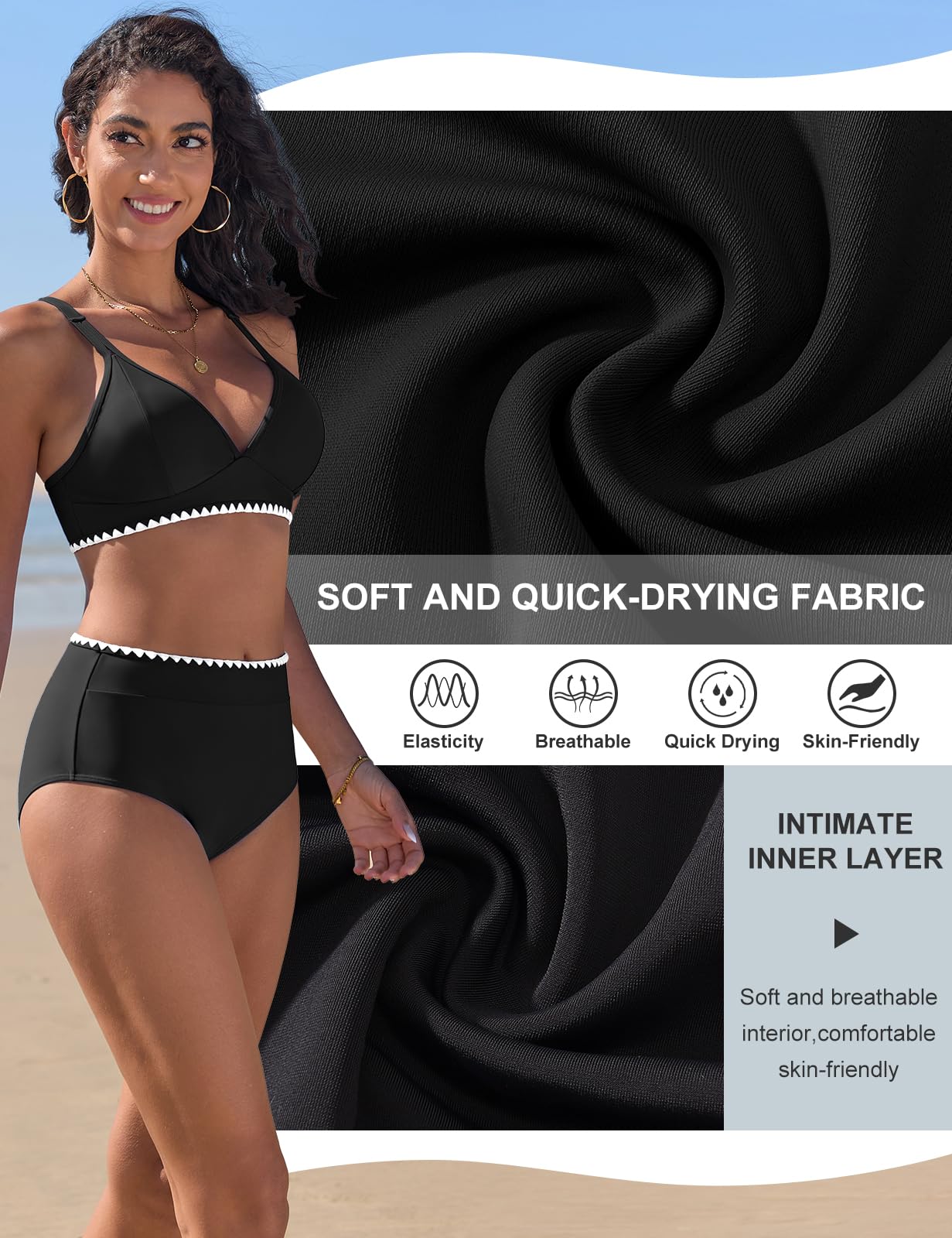 Maillot de Bain Femme 2 Pieces Taille Haute Bikini Set Col V Ensemble Chic et Elegant avec Dentelle Blanche