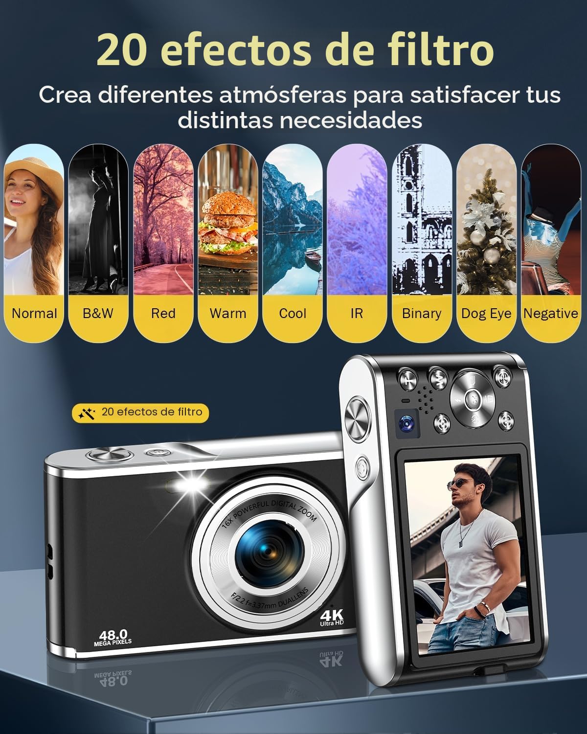 Cámara Digital, AutoFocus 4K Cámara Compacta Cámara fotográfica con Tarjeta de Memoria de 32 GB con cámara Dual HD 48 MP Zoom Digital 16X Pantalla Grande de 2,8" para Principiantes