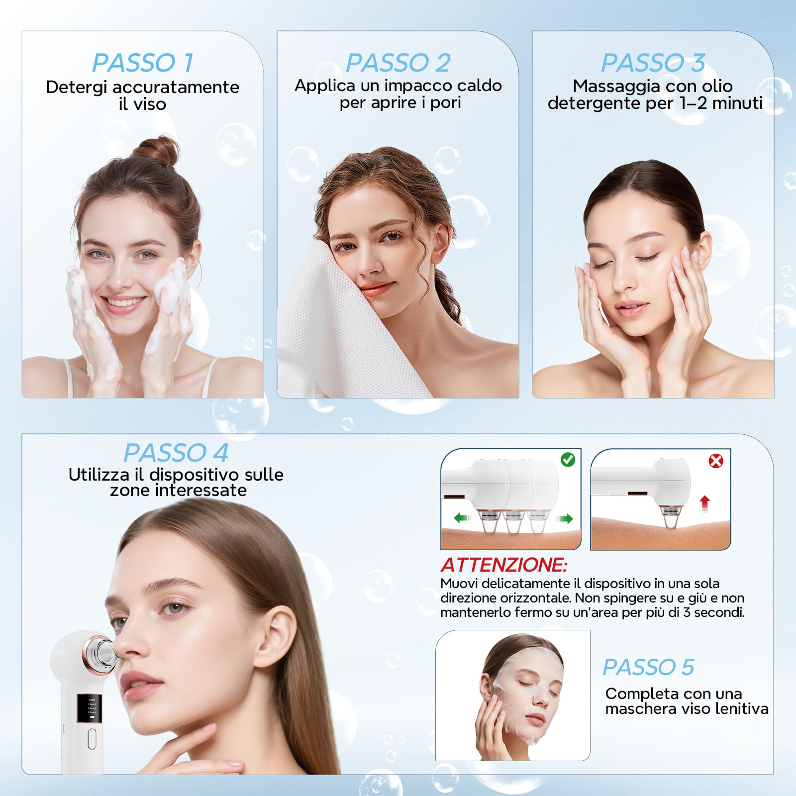 Aspiratore punti neri 5 Testine per Pulizia Viso e Rimozione Pori,Bianco | 3 Livelli di Aspirazione,Elettrico Portatile, Tutti i Tipi di Pelle,Set di strumenti per la rimozione dei punti neri