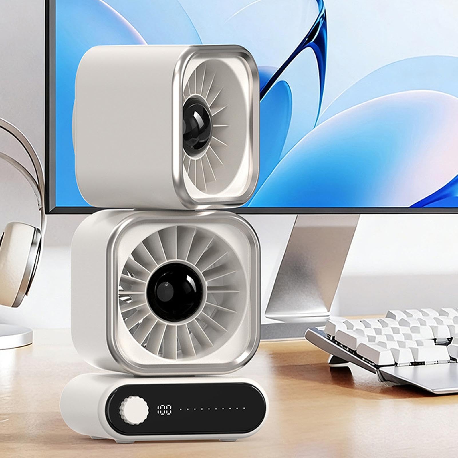 Ventilador de Mesa Cabezal Doble Con Pantalla Digital Y Ajuste Continuo | Ventilador Mesa Recargable Para Hogar Dormitorio Sala De Estar Residencia Aula Escuela Oficina Hotel