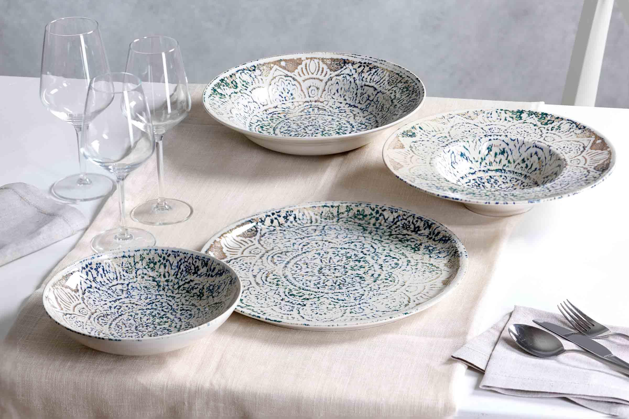 Ritzenhoff & Breker Luigi Gourmetteller-Set 6-teilig | Tiefe Pastateller & Servierschalen Ø 28 cm | Hochwertiges Steinzeug-Geschirr mit orientalischem Fliesen-Muster