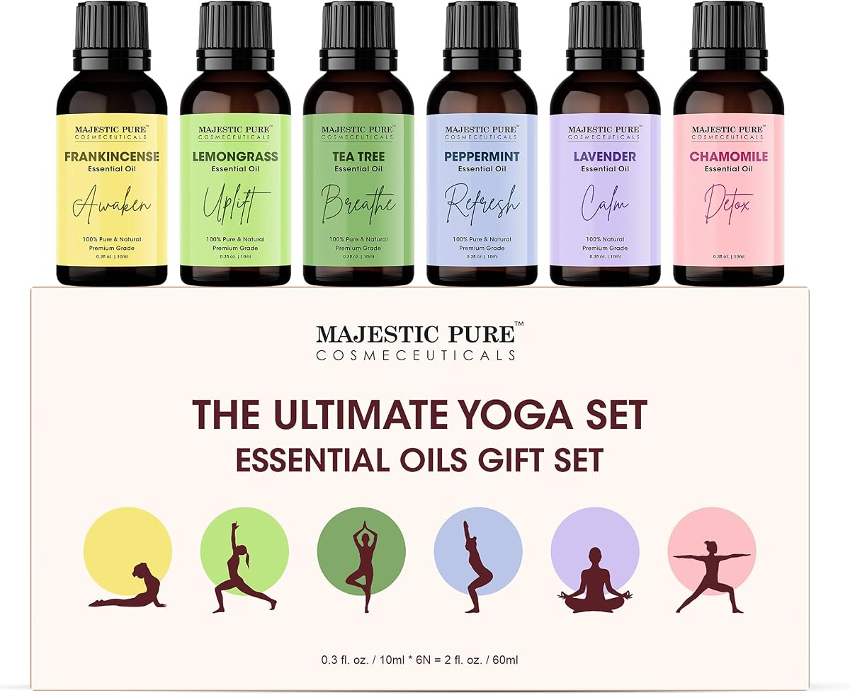Majestic Pure Yoga Essential Oil Gift Set - Pack of 6 | Perfect for diffusers - meditation - yoga - home fragrance and creating a relaxing atmosphere during self-care routines.