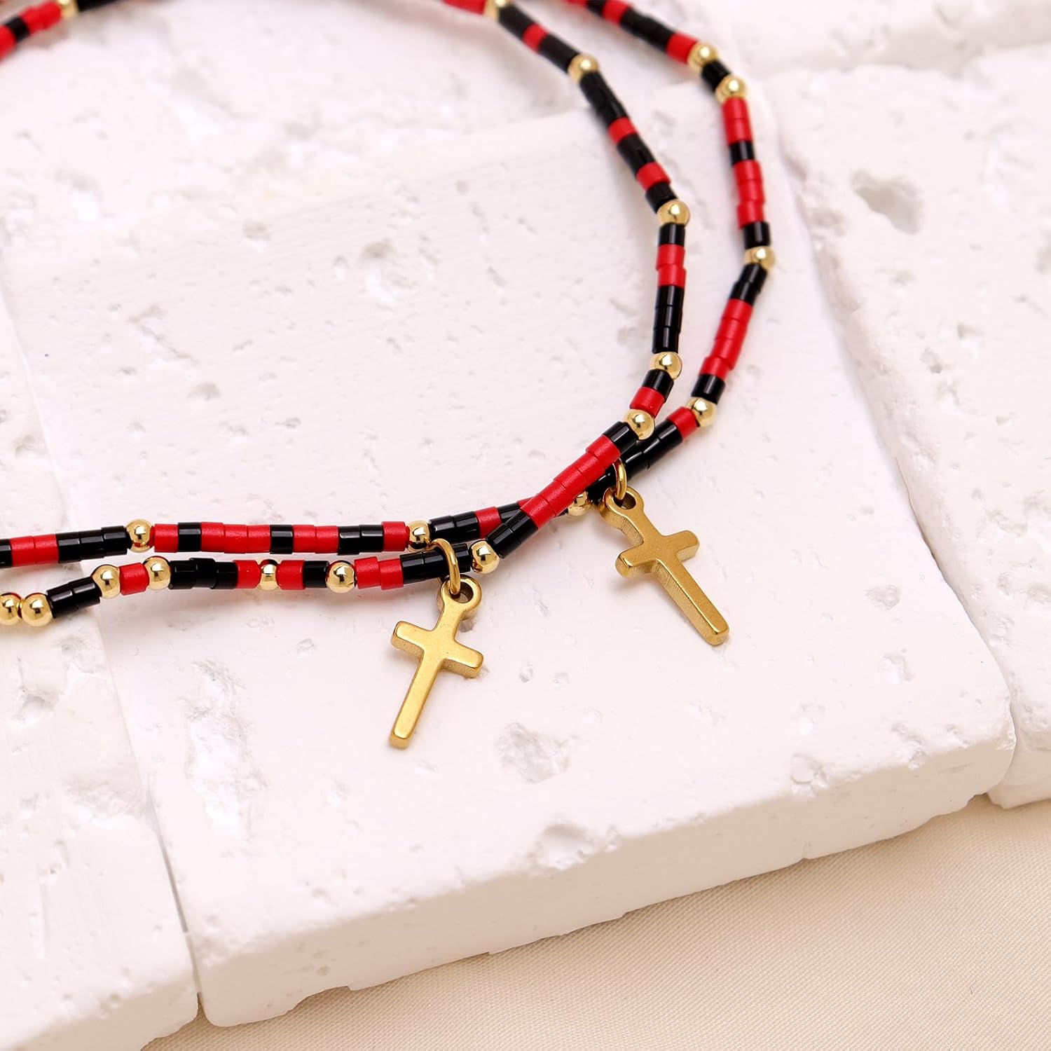 Gold Cross Charm Rainbow Small Beaded Stack Bracelets Set for Women, Golden Beads Stackable Bracelet Fashion Jewelry Gift. - Image 5