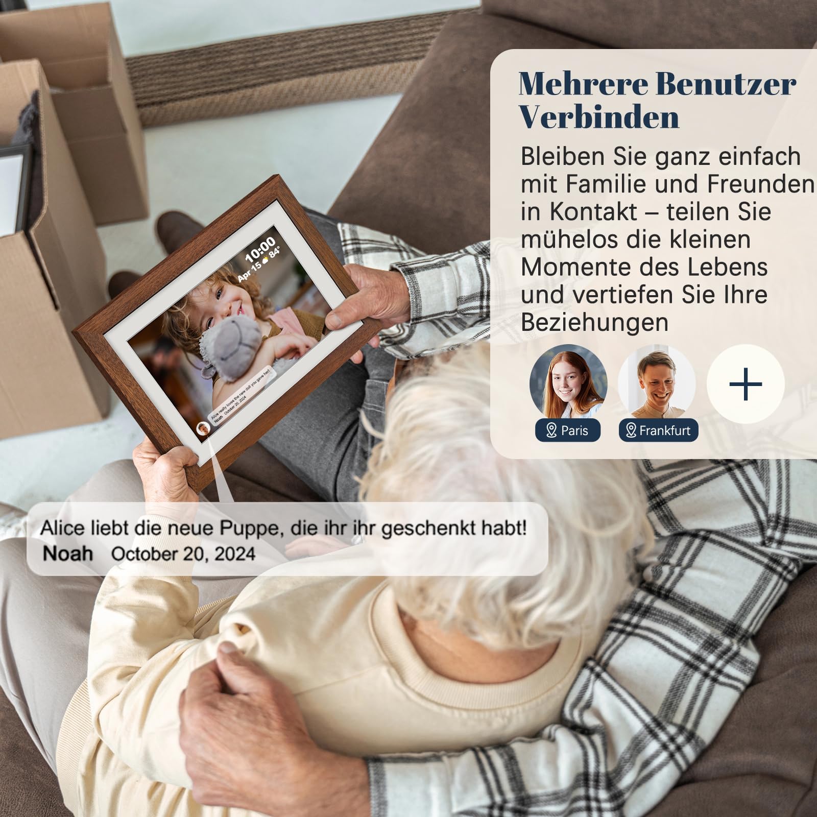 Frameo Digitaler Bilderrahmen WLAN 10.1 Zoll Walnussholz Elektronischer Bilderrahmen mit 32GB, 1280 * 800 HD IPS Touchscreen, Fotos/Videos Teilen über Frameo APP, Geschenk für Männer und Frauen