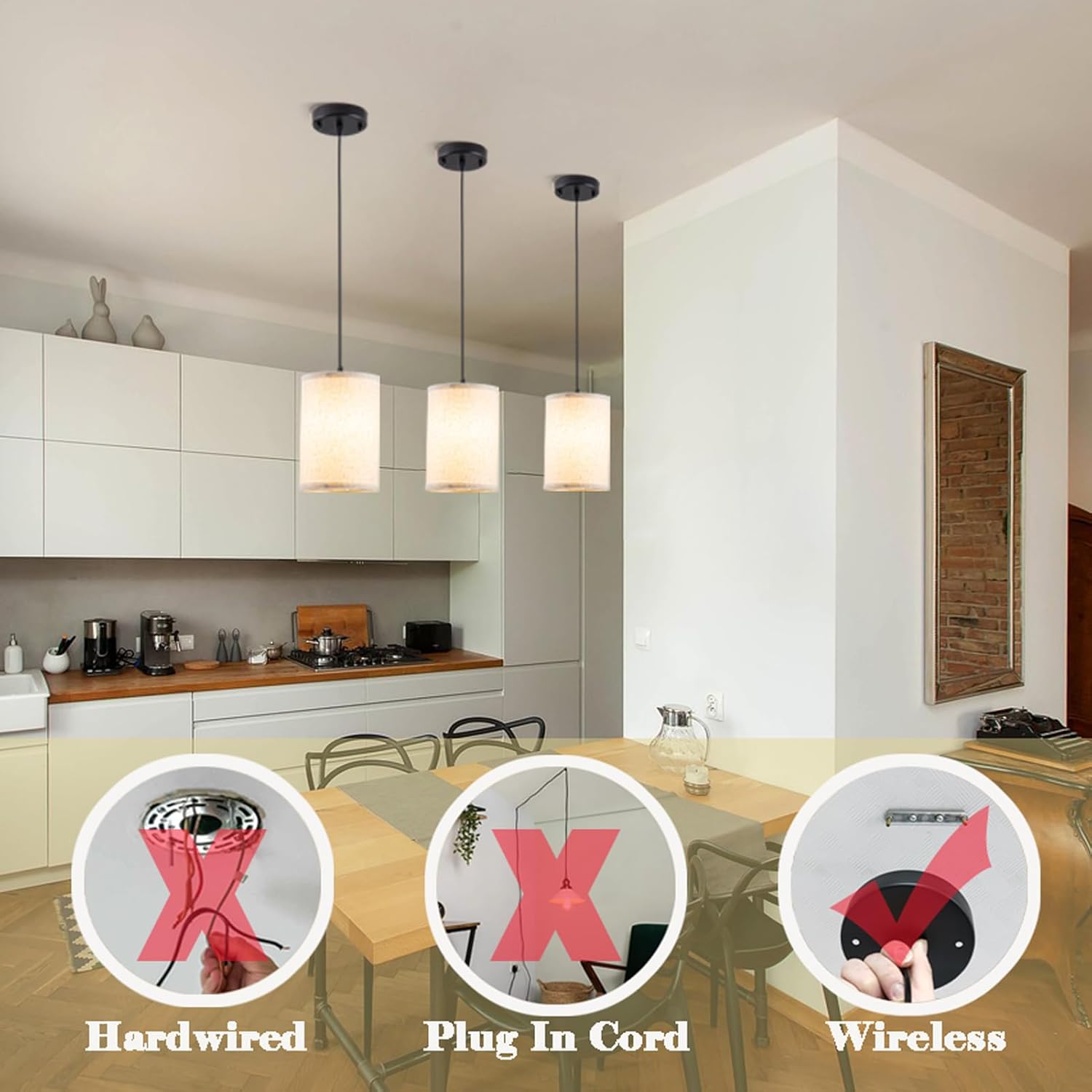 Battery Operated Pendant Light with Remote,Fabric Pendant Lights Kitchen Island 3 Pack No Hardwired,Cordless Hanging Lights for Living Room with 50hrs+Long Life Rechargeable Light Bulbs
