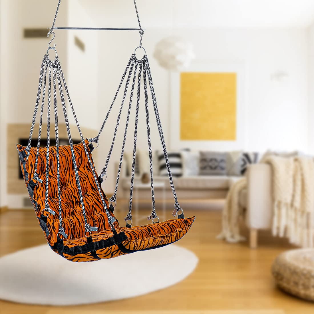 Curio Centre Soft Cotton Swinging Hammock Hanging Swing for Adults/Hammock Swing for Home/Swing for Outdoor Indoor, Garden/Durable Portable Jhula for Home (Free Hanging Accessories) Tiger Print Yellow