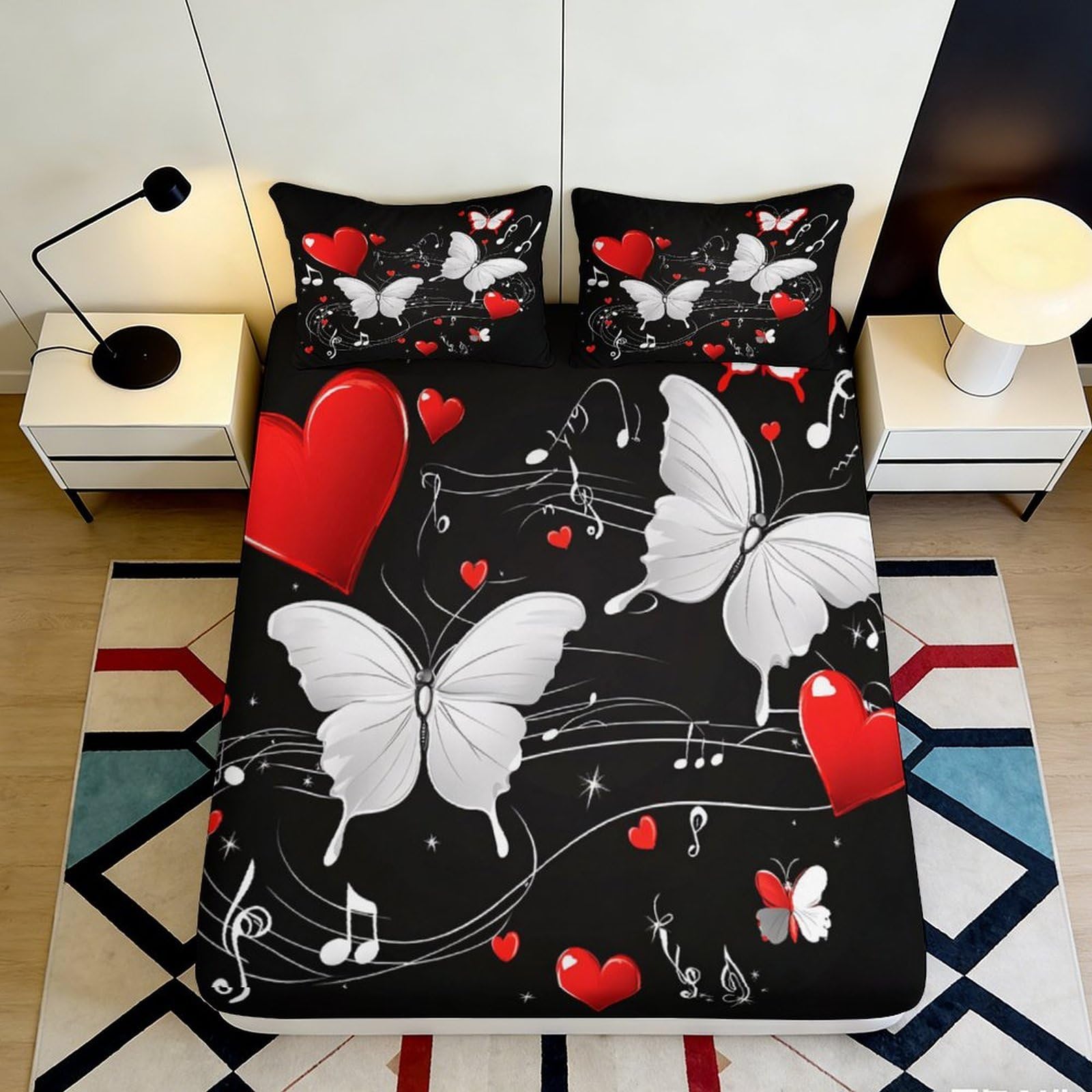 3D Printed Butterfly Heart Fitted Sheet Microfiber Soft Breathable Music Note Bed Cover for Bedroom Dormitory Guest Room Mattress Protection 160x200x25cm