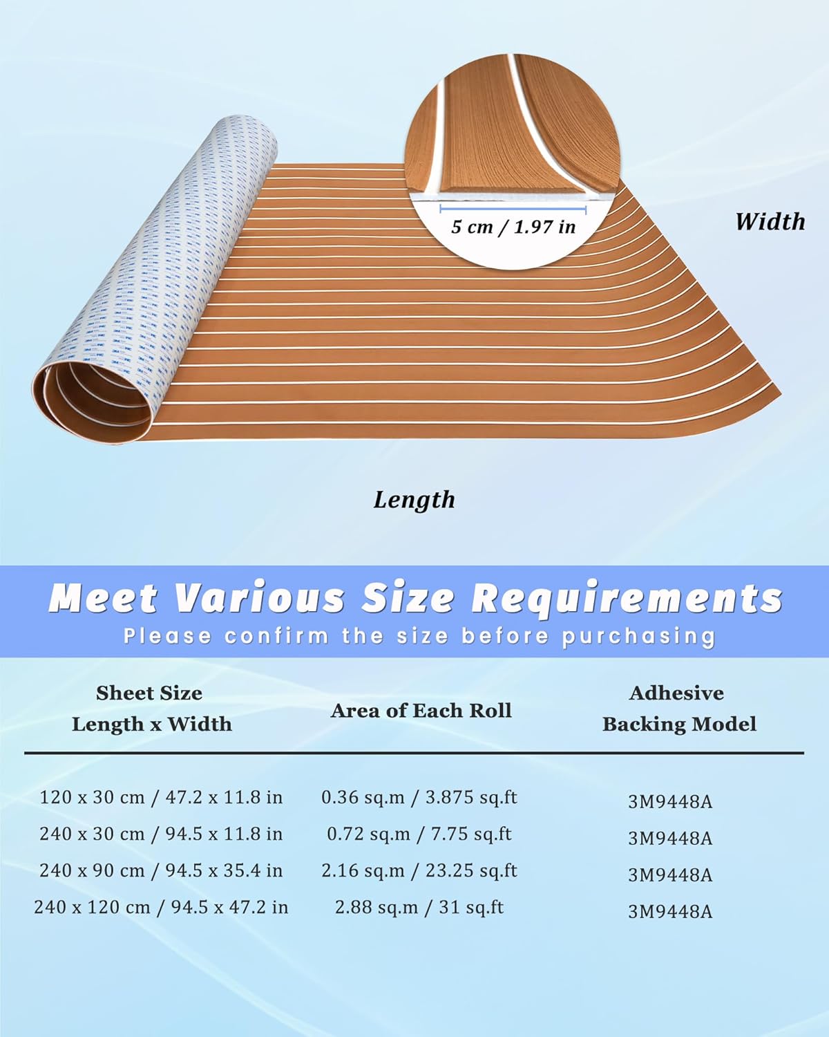 KXKZREN EVA Foam Boat Decking with 3M Adhesive Backing - Strong Self-Adhesive Faux Teak Flooring Sheet 94.5" x 47.2"/35.4"/11.8" Anti-Slip Marine Mats for Motorboat Jon Boats Yacht Kayak