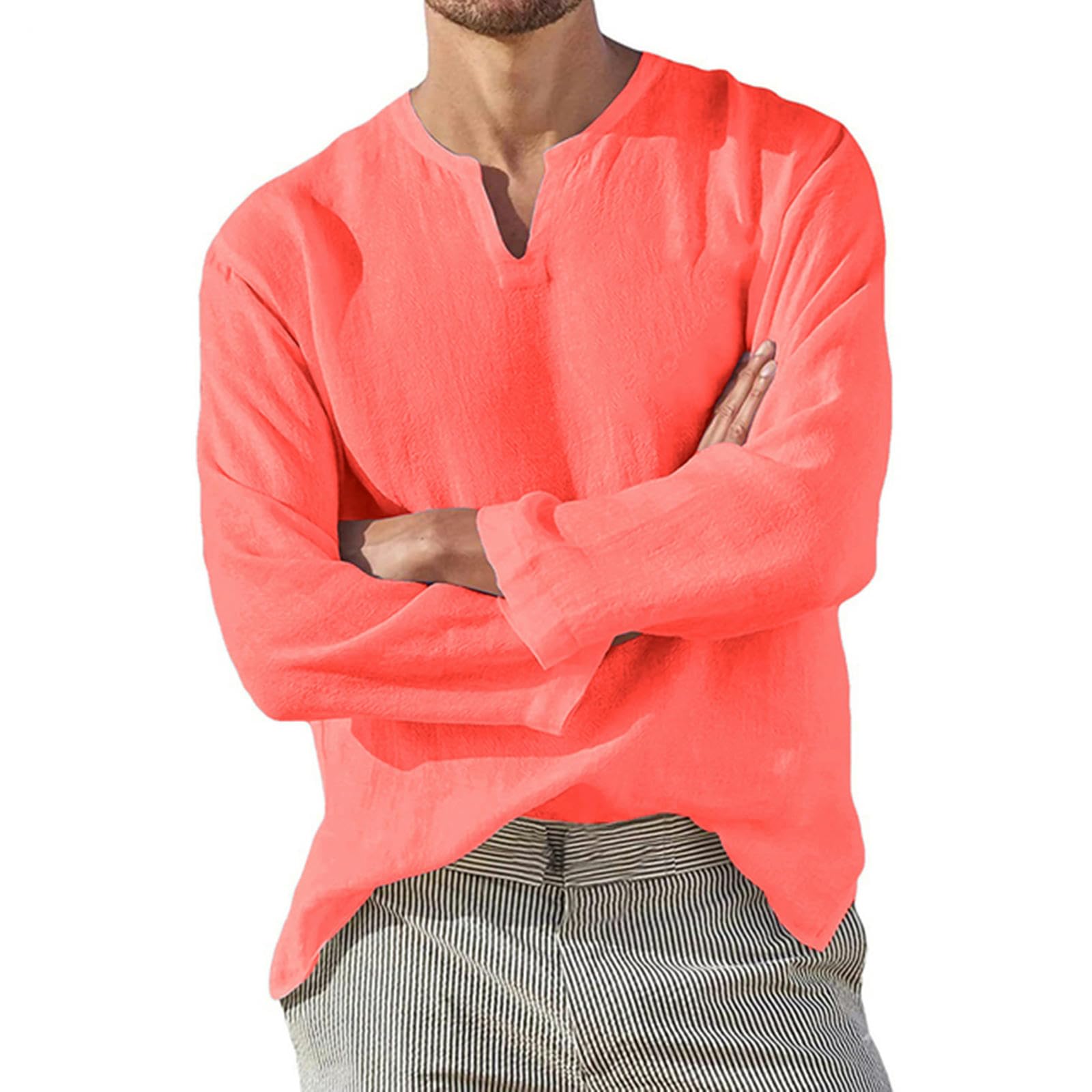 Uomo Maglia a Maniche Lunghe in Cotone Camicia di Lino Uomini Breve Traspirante Comodo Colore Solido Manica Lunga Camicetta Casuale-Bianco-5Xl