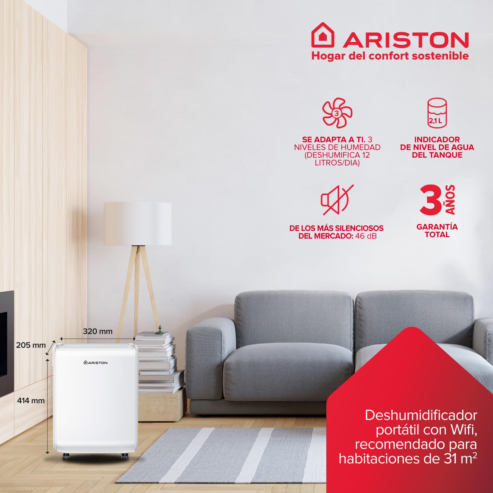 Ariston, Deos 12 - Deshumidificador Silencioso Bajo Consumo con Ruedas y Temporizador, 12L/día, Deshumidificadores de Humedad 35m², ‎22.5x35x47cm - Dehumidifier Fabricado para Instalación en España