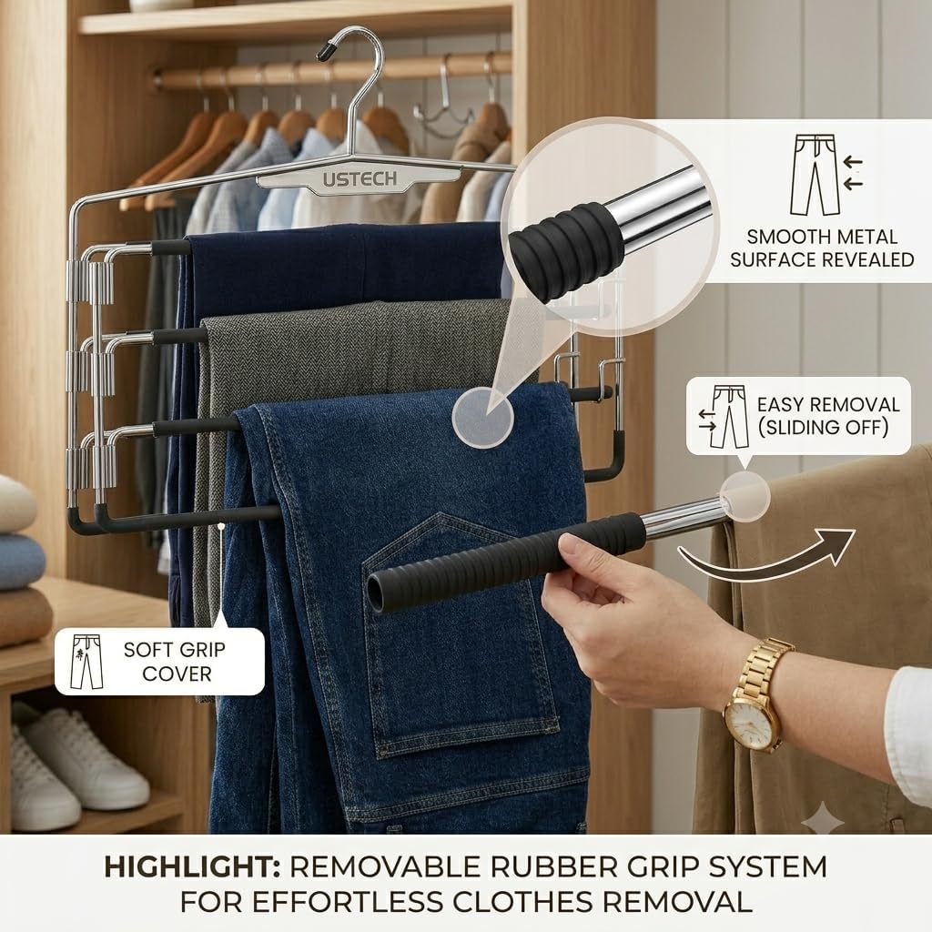 USTECH Arm Pants Hanger-4 Tier, Multi Tier Swing Hanger with Foam Padding & Removable Arm, Storage Organizer, Pack of 2