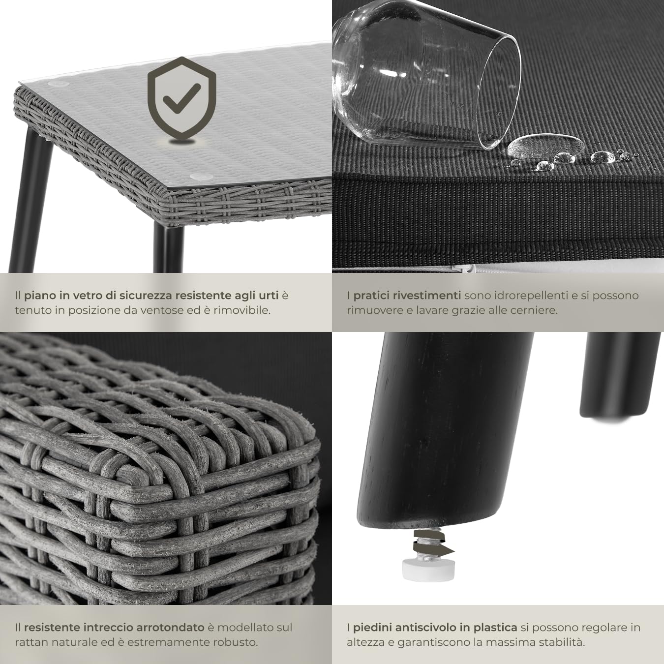 tectake® Salottino in rattan Pula, Telaio in Alluminio, Tavolino Salotto con Lastra in Vetro, Divano Salotto, Elemento Angolare, Imbottitura spessa, Resistente ai Raggi UV - Grigio
