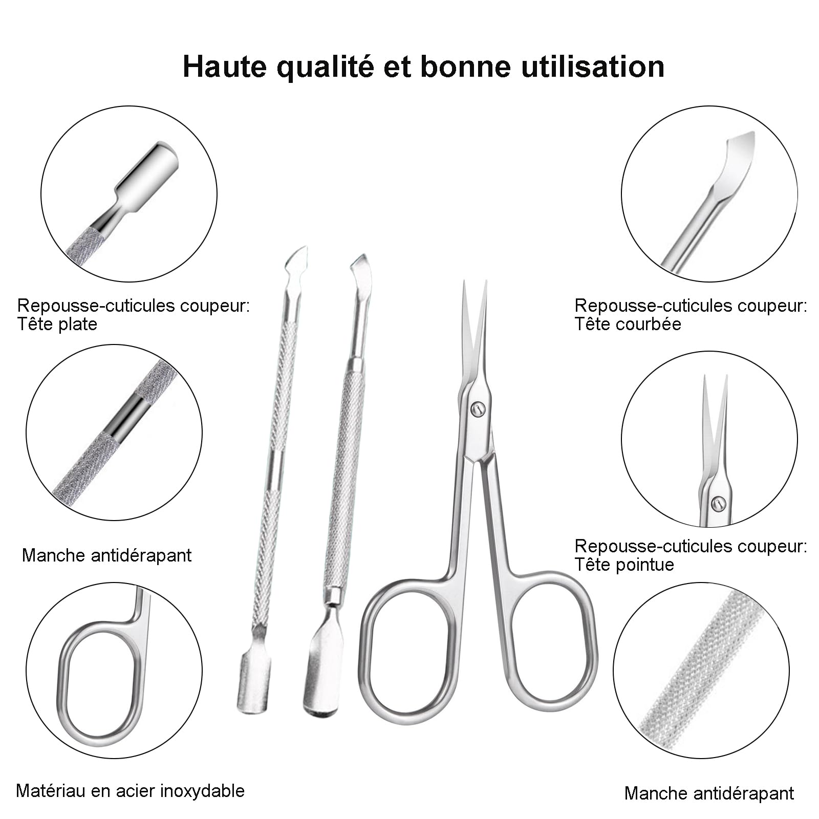 Ciseaux à Cuticules Professionnels + Pousse-Cuticules Double-Fonction (3 Pièces) - Kit Manucure/Pédicure en Acier Inoxydable Anti-Corrosion - Précision Salon (Argent)