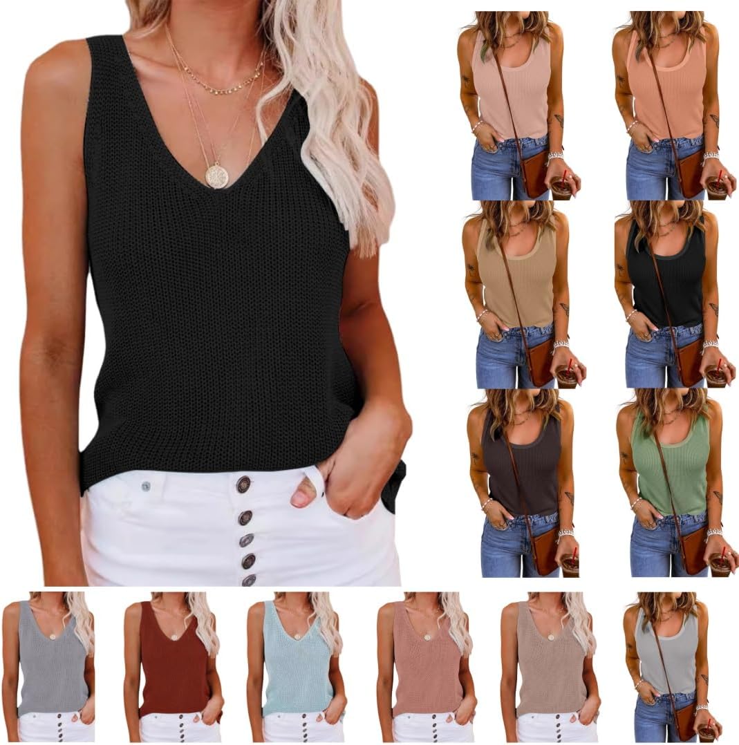 Tank Tops for Women 2025 Loose Fit Summer Sleeveless V Neck Casual Waffle Knitted Vest Solid Color Comfort Shirts Tee