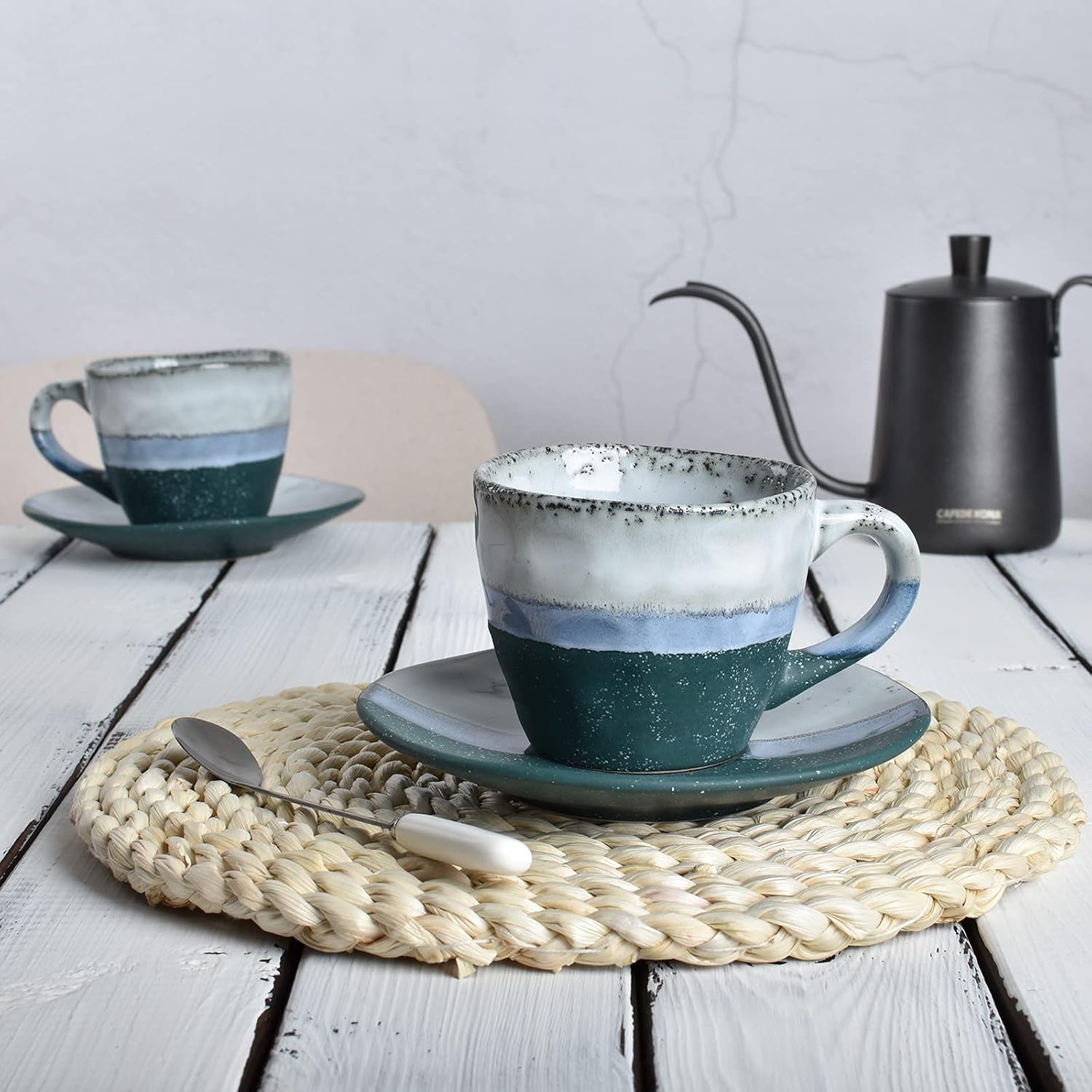 Bosmarlin Stoneware Coffee Cup Mug with Saucer Set of 2 for Latte, Cappuccino, Tea, Oz, Dishwasher and Microwave Safe (Green, 2) - Image 4