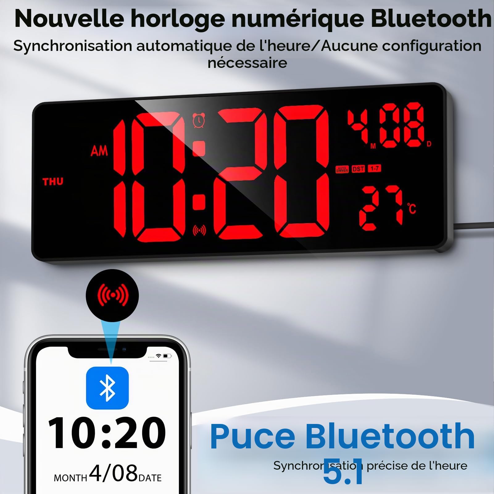 XREXS Horloge Murale 16,5" Écran Rouge Barre Lumineuse Colorée