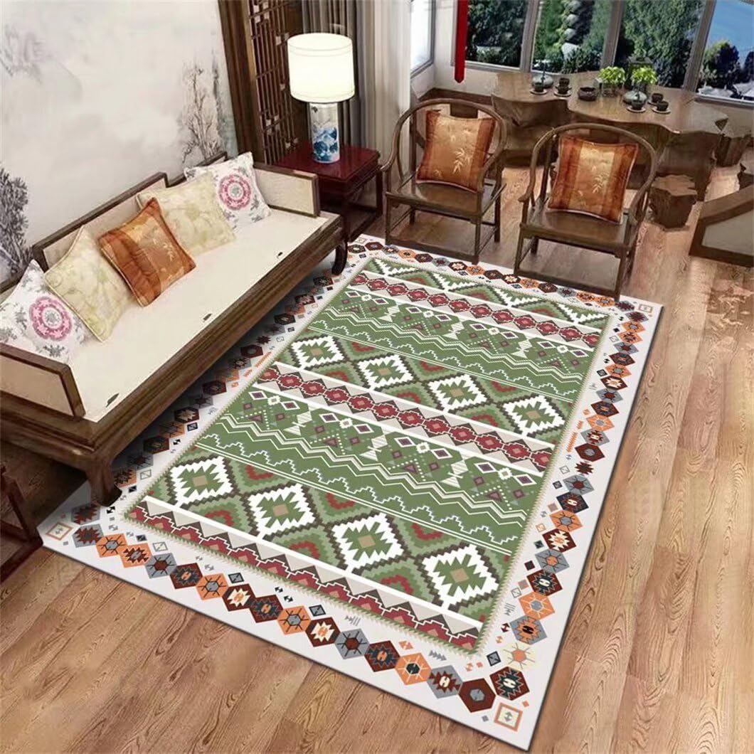 Tapis de salon poil court vert 200x300cm au motif floral rétro lavable