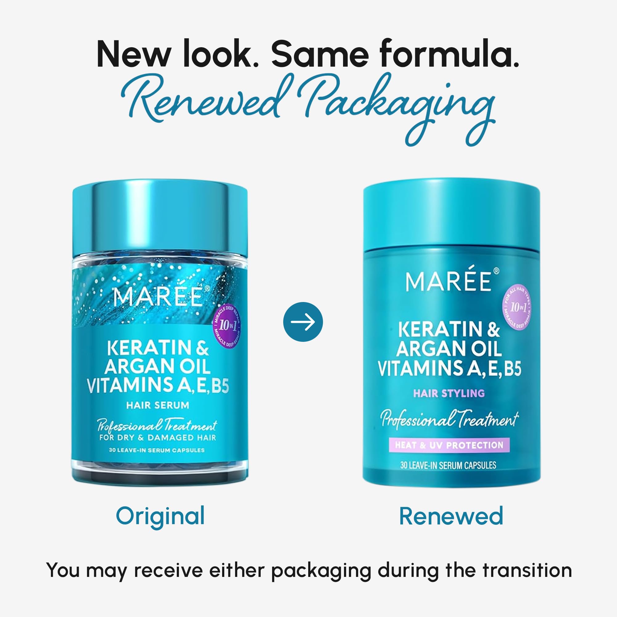 MAREE Suero para cabello dañado y dañado, cápsulas de aceite de queratina hidratante y estilizado con aceite de aguacate, jojoba y argán, suero para cabello, sin enjuague, vitaminas A, E | para Frizzy