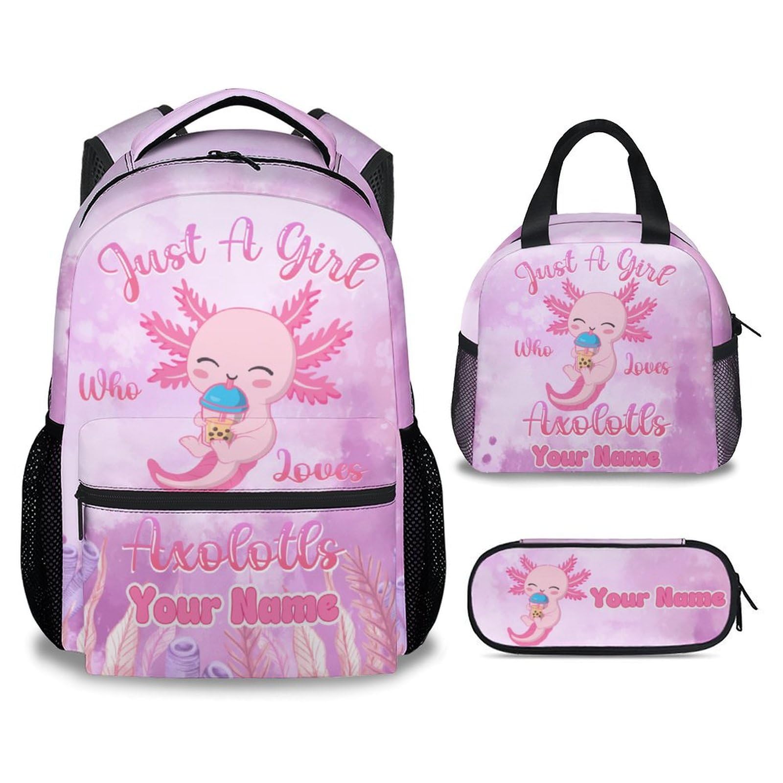 COZYAURA Personalized Kids Backpack with Lunch Box - Cute Axolotl Preppy Backpack for School - Lightweight Pink Backpacks for Girls