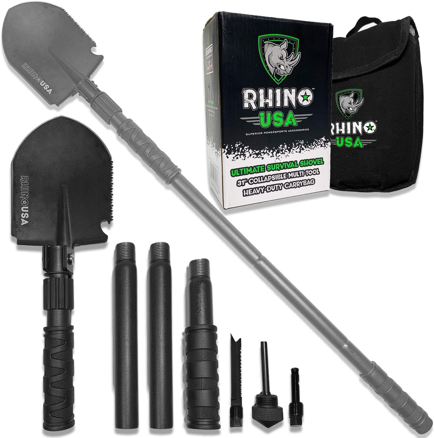Rhino USA Survival Shovel w/Pick - Heavy Duty Carbon Steel Military Style Entrenching Tool for Off Road, Camping, Gardening, Beach, Digging Dirt, Sand, Mud & Snow. (Survival Shovel): Garden & Outdoor
