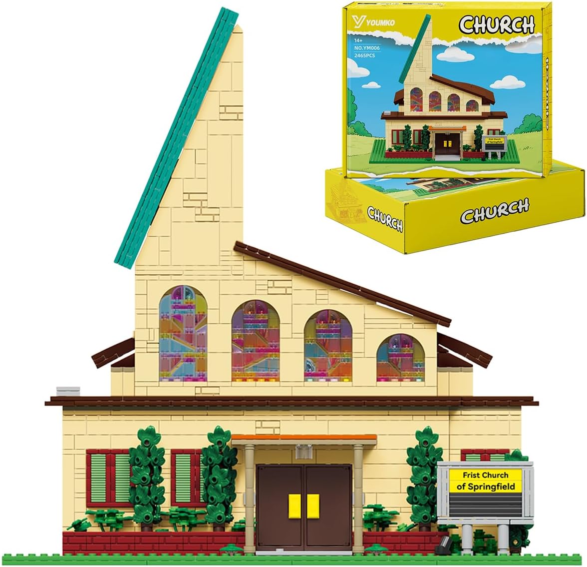 Springfield First Church Building Set - 2465 PCS Collectible Modular Building Blocks Kit for Adults & Teens, Iconic Simpsan Town Architecture Bricks for Display and Creativ,YOUMKO 004